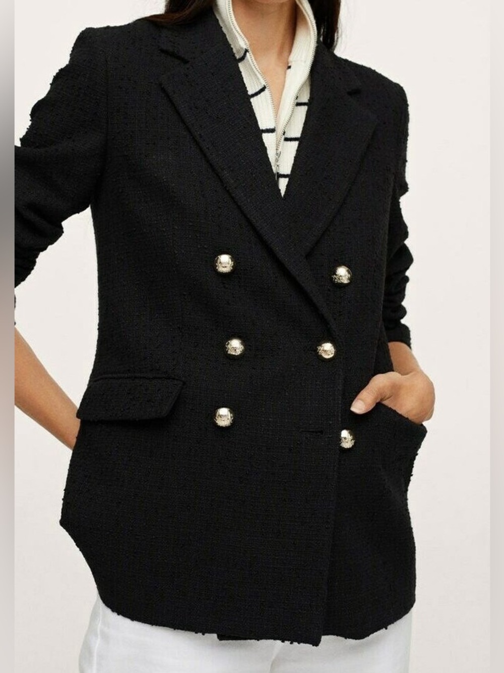 Double-Breasted Black Tweed Blazer Jacket